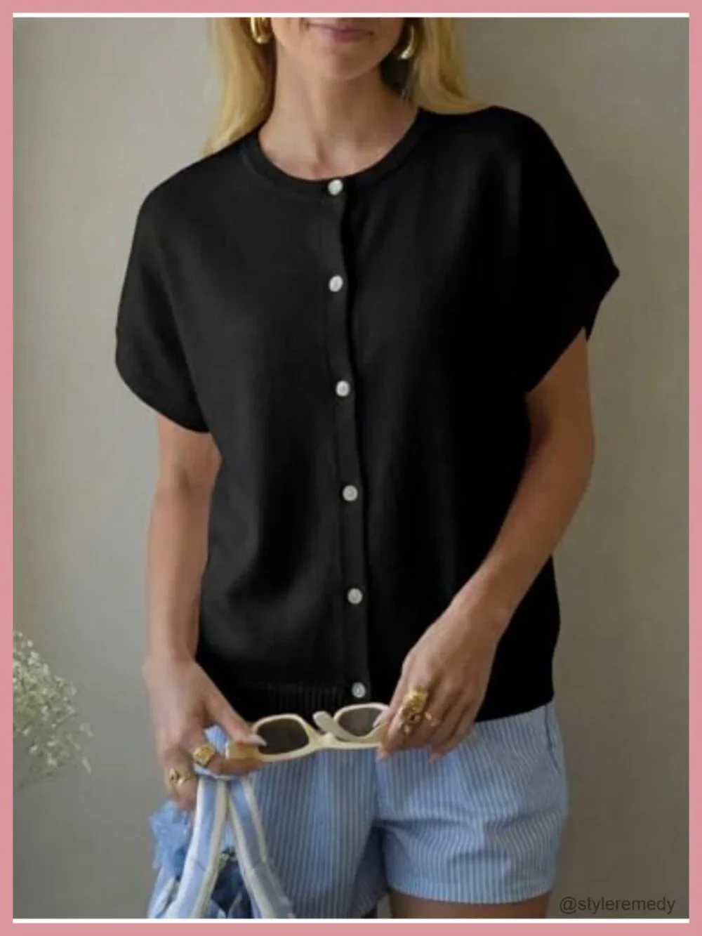 Oversized Short Sleeve Cardigan Women Lightweight Button Down Soft Knit Crew